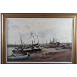 Stanley J Andrews: oil on canvas, fishing boats Hastings, 19" x 29", in gilt frame