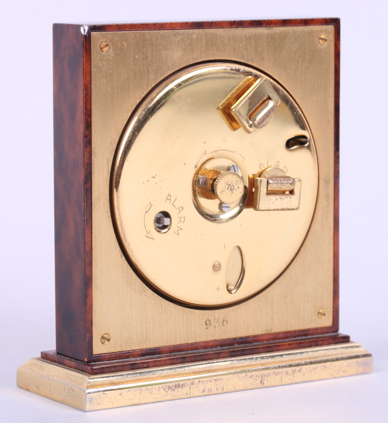 An Hermes "tortoiseshell" alarm clock with gilt dial and Roman numerals, 3" high - Image 4 of 6