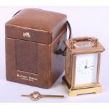 A Matthew Norman carriage clock with white enamel dial and Roman numerals, in leather case, 3 1/4"