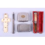 A silver plated vesta case, a Dieppe ivory cross, a plated coin purse, a white metal pencil and