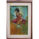 An oil on canvas study of a girl in a red dress, 16" x 9", in gilt frame