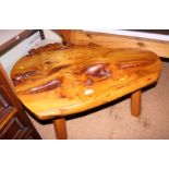 A burr yew shape top coffee table, on chamfered supports, 33" wide and a Chinese hardwood stool