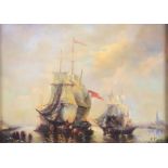 C Klyn?: Oil on board, ships near a waters edge, 7 1/2" x 9 1/2", in ornate gilt frame