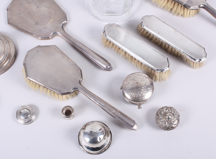 A pair of cylindrical silver candlesticks, two silver inkwells, a silver backed dressing table set - Image 2 of 5