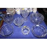 An Orrefors glass vase, 3" high, three cut glass bowls, two glass vases and a glass bonbon dish