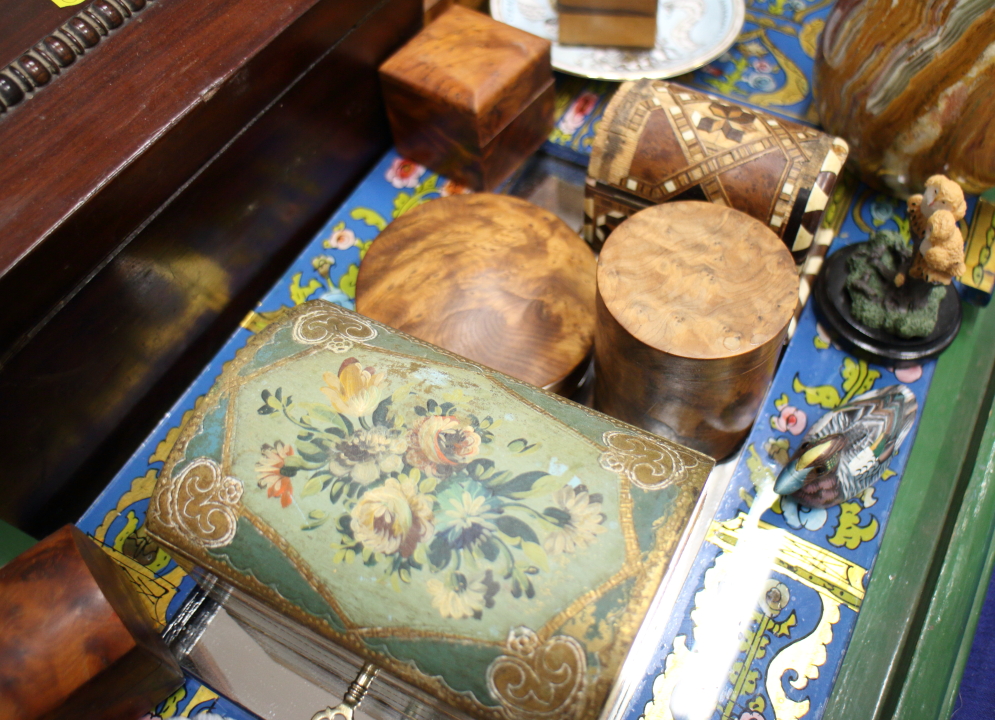 An early 20th century mahogany tea caddy, a quantity of boxes, a treen model of a cat and other - Image 3 of 4