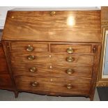 A George III mahogany string inlaid bureau, fitted two short and three long drawers with mother-of-