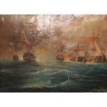 English School: oil on copper, Naval battle scene, 12" x 15", in heavy gilt frame, and an English