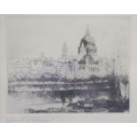 Edward Cherry: a signed etching, St Paul's Cathedral from the Thames, 4 1/4" x 5 3/8", in ebonised