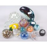 A clear glass paperweight, 5 1/2" high, a Maltese paperweight, and other glass