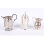 A silver sparrow beak jug, 2.9oz troy approx, a silver sugar sifter, 3oz troy approx, and a