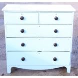 A late 19th century painted pine chest of two short and three long graduated drawers, on bracket