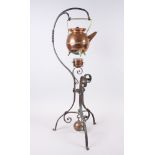 A wrought iron, copper and brass Christopher Dresser style kettle and stand, a copper and brass