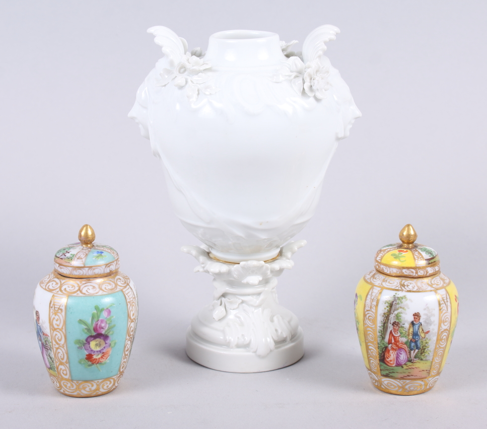 Two Helena Wolfsohn miniature jars and covers, decorated panels with figures and flowers, 3" high,