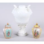 Two Helena Wolfsohn miniature jars and covers, decorated panels with figures and flowers, 3" high,
