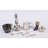 A silver mustard pot, in the form of a barrel, a silver sugar caster, a Doulton Lambeth vesta