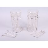 A pair of 19th century cut glass table lustres, 11 1/2" high (losses to lustres, damages)