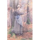 Georgina M de L'Aubiniere: watercolours, girl in a woodland, 21" x 14", in carved gilt frame
