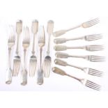 Six silver fiddle pattern table forks and six similar dessert forks, 24oz troy approx