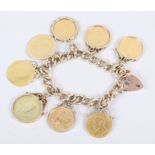 A yellow metal charm bracelet with heart-shaped clasp, stamped 375, mounted seven gold coins,