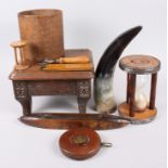 A carved oak stool, 10" square, a half-gallon measure, an early 20th century can opener, two egg