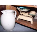 A kitchen balance and weights and a Doulton stoneware jug