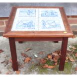 A pine framed 19th century blue and white tile top occasional table, 20" square