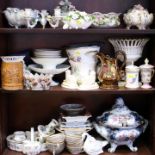 A quantity of floral decorated china, including a Dresden inkwell, a soup tureen (damages), models