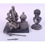 A Spelter inkwell, in the form of a scholar, and a metal bust of Darius?, 6" high, a pewter teapot