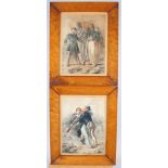 Two prints, 19th century military scenes, in birdseye maple frames
