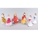 Six Royal Doulton china figures, including two "For You" figures, 7 1/2" high, "A Single Red