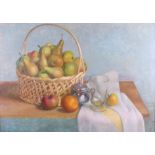 Ginlo Bagnoli: oil on board, still life of fruit in a basket, 20 1/2" x 28", in gilt frame,