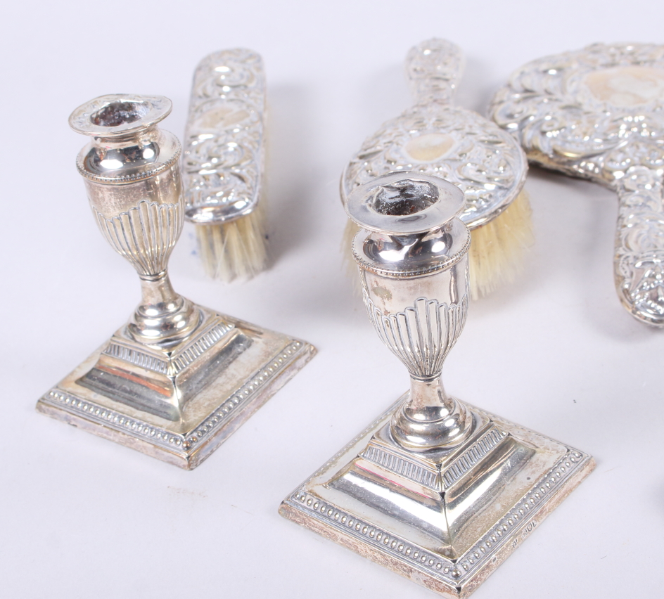 A pair of silver squat candlesticks, a dressing table silver topped glass box, a silver money box, - Image 2 of 4