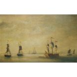 An oil on board, 19th century sailing boats on a calm sea, 7 1/2" x 11 1/2", in gilt frame