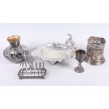 A silver plated table centre, decorated snail and putti, 7 /14" high, a vase decorated cherubs, 7"