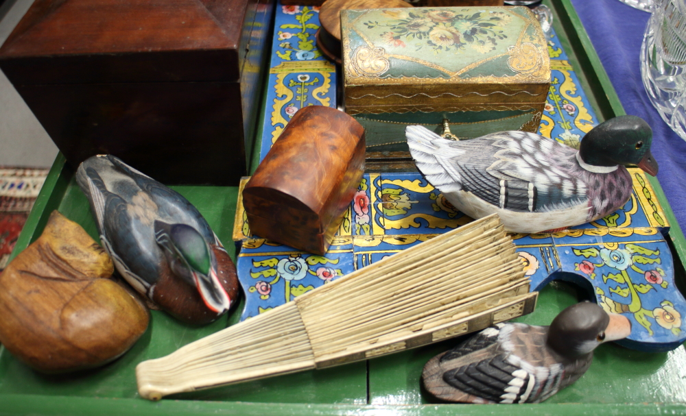 An early 20th century mahogany tea caddy, a quantity of boxes, a treen model of a cat and other - Image 2 of 4