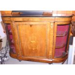 A 19th century walnut and inlaid break bowfront credenza, fitted central cupboard flanked glazed