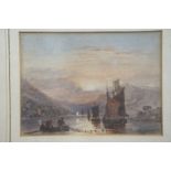 A 19th century watercolour, sunset scene over river, 3 1/2" x 4 3/4", in wash line mount and strip