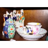 A Herend porcelain basket, a similar cachepot and a 19th century Staffordshire hunters watch