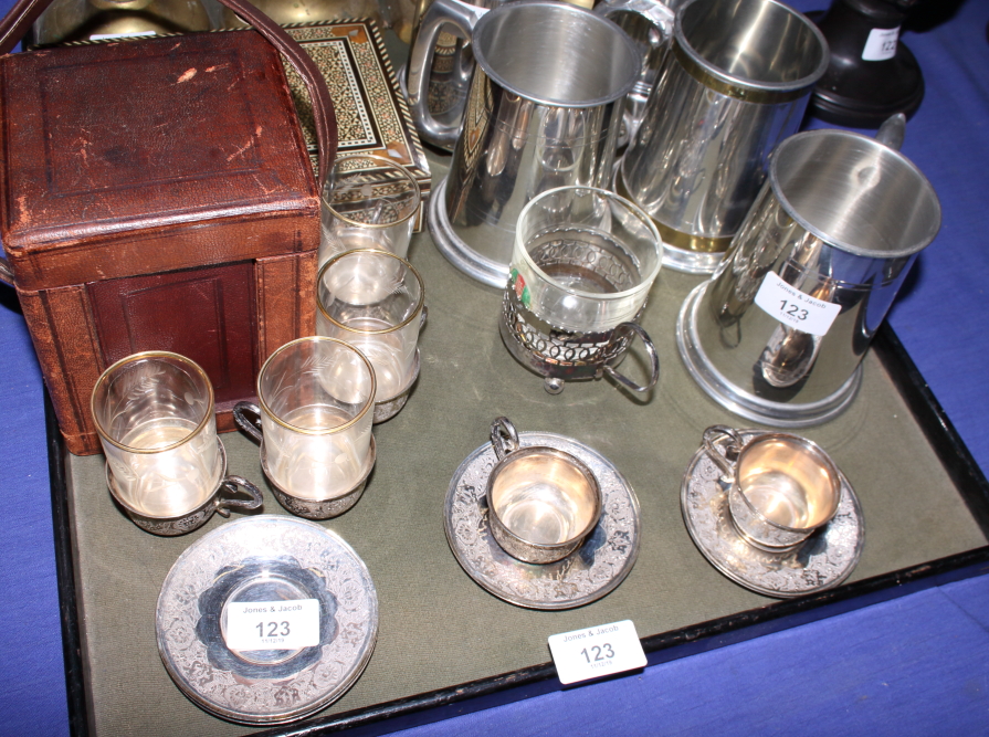 Five pewter trophies, two pairs of brass candlesticks, a trinket box, a carriage clock case, etc - Image 3 of 3