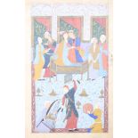 An 18th century Persian bodycolour, manuscript page, Court scene with musicians and dancer, 9 1/4" x