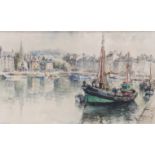 Denis Verspecht: watercolours, "Honfleur" harbour scene, 12" x 20 3/4", in gilt strip frame