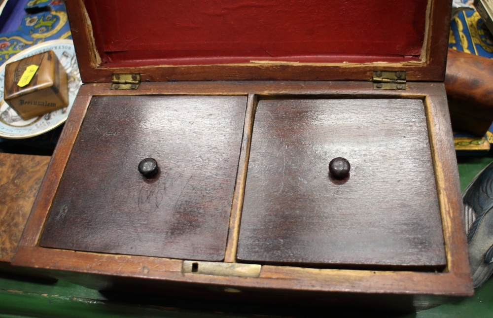 An early 20th century mahogany tea caddy, a quantity of boxes, a treen model of a cat and other - Image 4 of 4