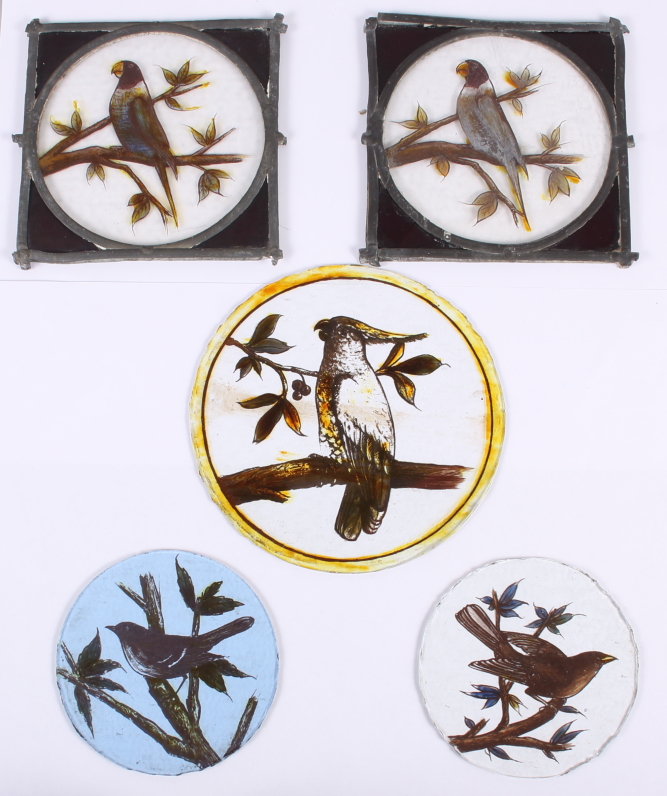 Five late 19th century stained glass panels of Australian birds (damages)