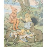 Margaret W Tarrant: a colour print, "An Elf to Tea", a pair of prints, "The Trial of the Cheats" and