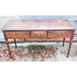 Late 19th century oak and fruitwood side table, fitted three drawers, on turned and tapering