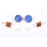 A pair of carved lapis lazuli floral earrings, a pair of pearl ear studs and a pair of Arabian