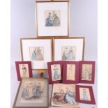 A collection of framed and unframed fashion illustrations, an oval framed print, portrait of an 18th