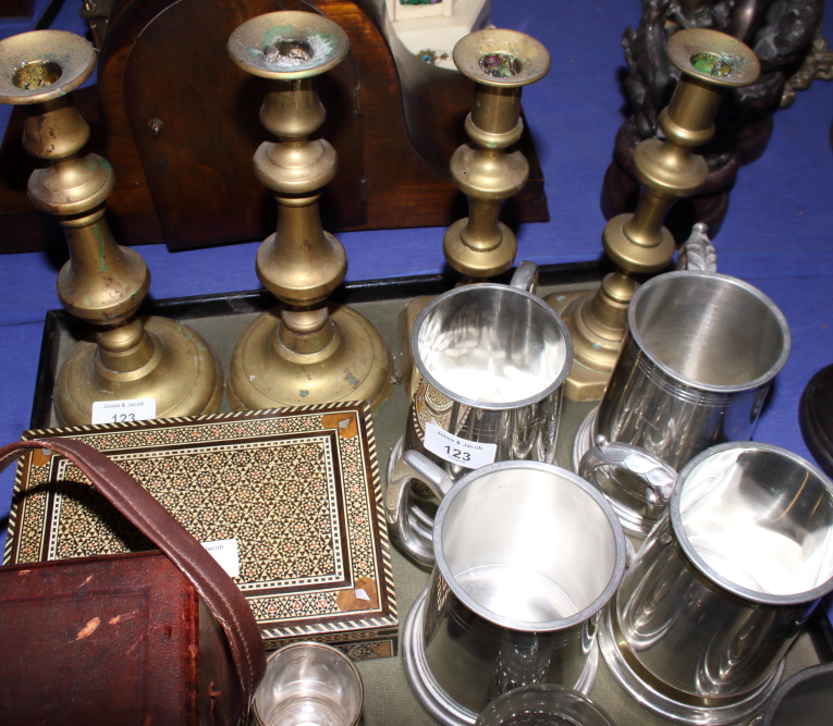 Five pewter trophies, two pairs of brass candlesticks, a trinket box, a carriage clock case, etc - Image 2 of 3