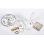 A silver plated on copper wine funnel, a plated christening set, five silver teaspoons, in case, 2oz